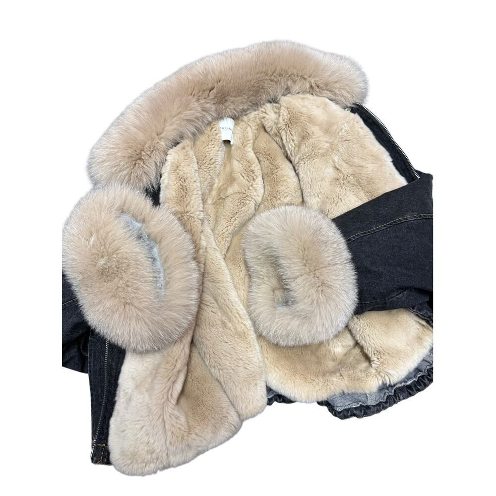 Macy McCoy Denim Bomber Jacket L Fox Fur Rabbit Lined Removable Trim